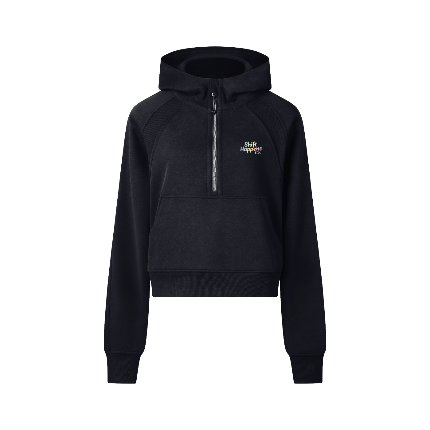 Black hoodie with a brand logo on a white background