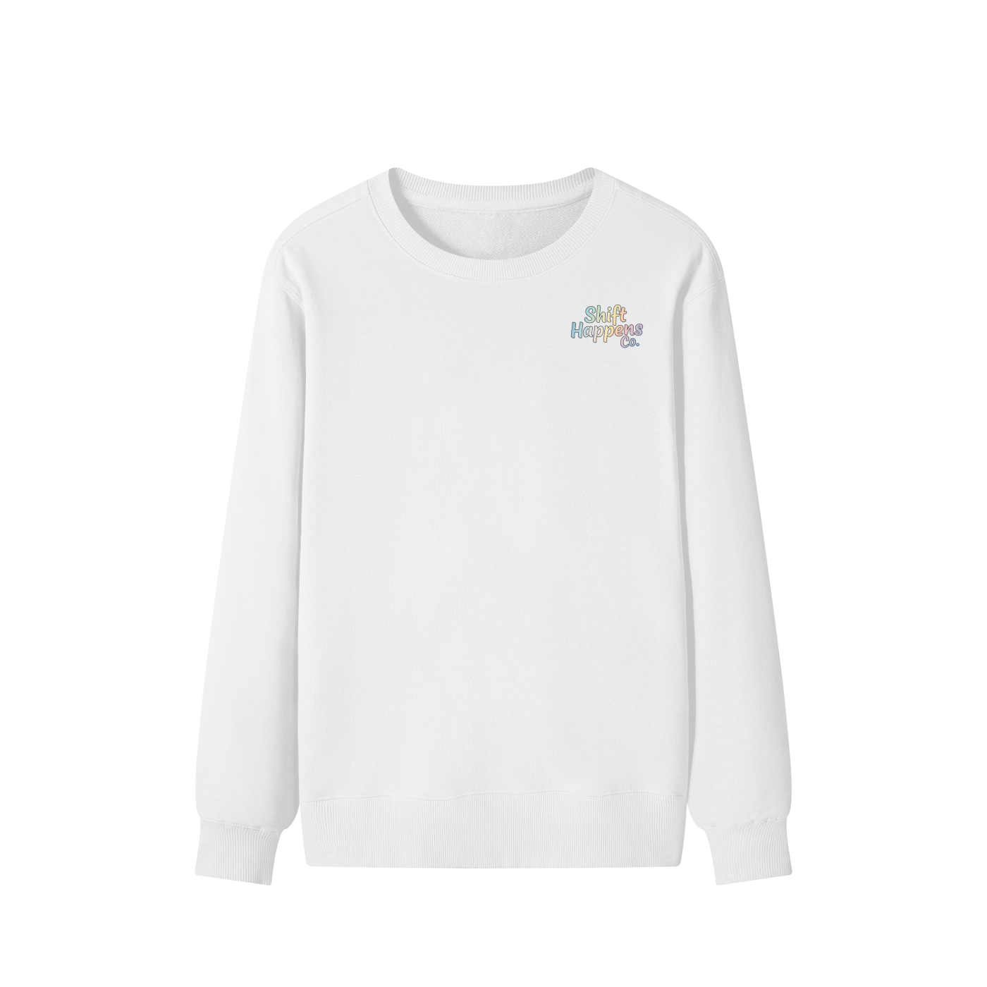 White long-sleeve shirt with colorful text design on a white background