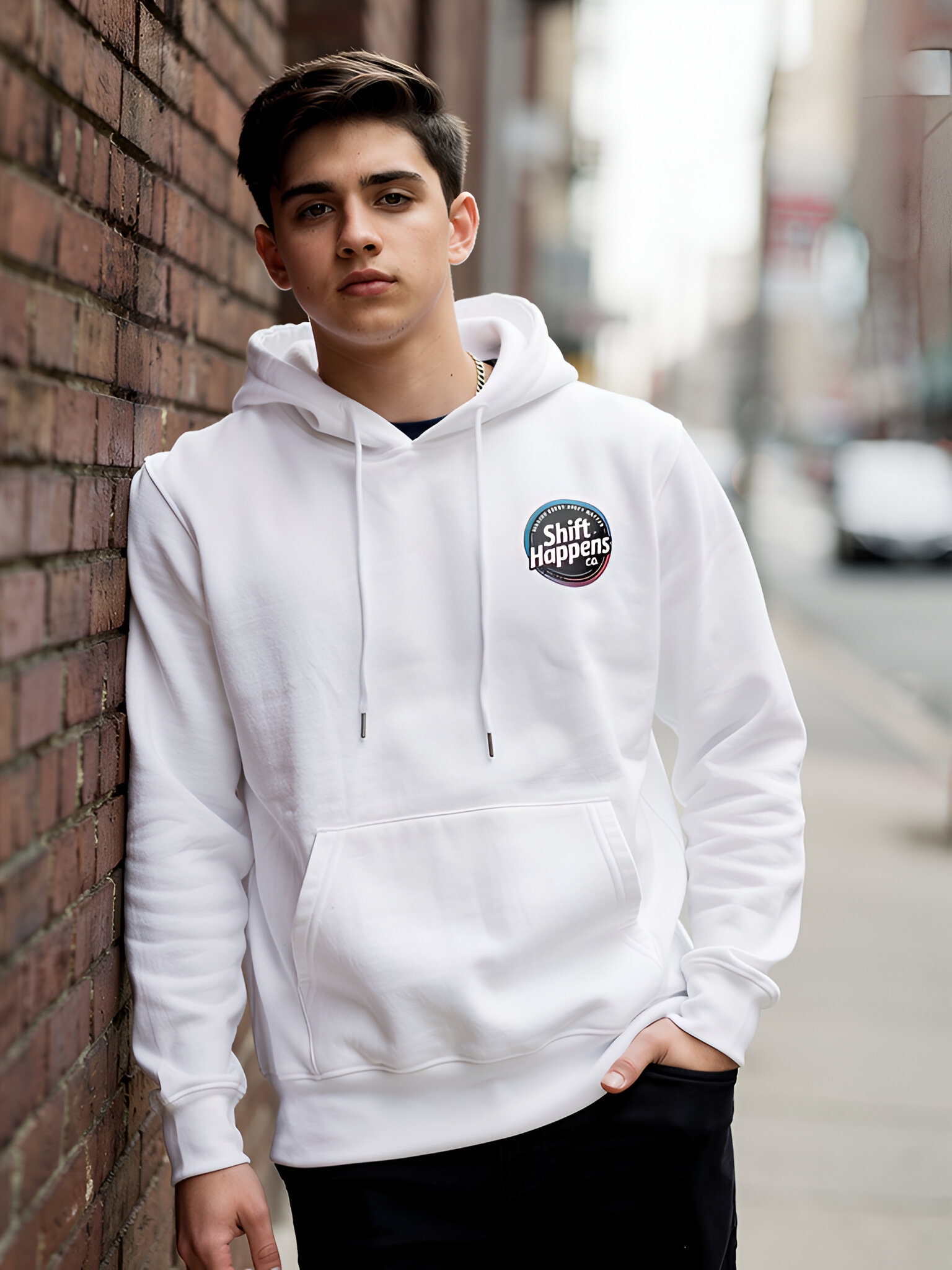 Person wearing a white hoodie with a logo, leaning against a brick wall on a street.