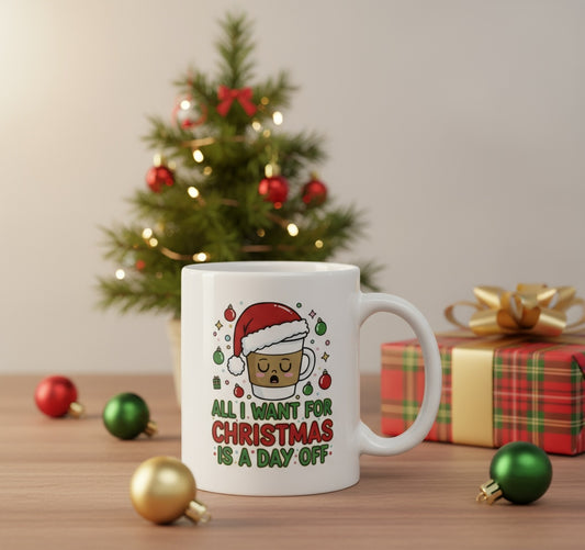 White mug with Christmas-themed design and text, placed on a table with festive decorations.
