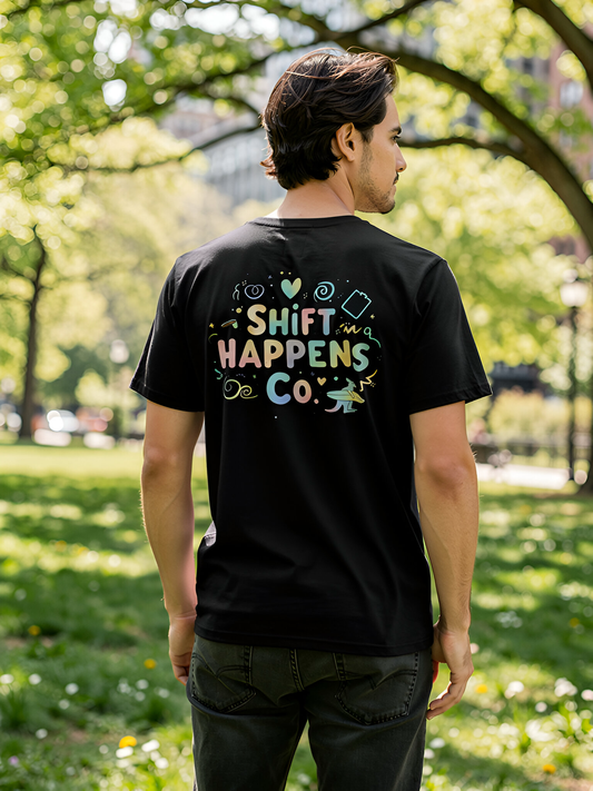 Shift Happens Co. Illustrated Logo Tee – Unisex Support Worker T-Shirt