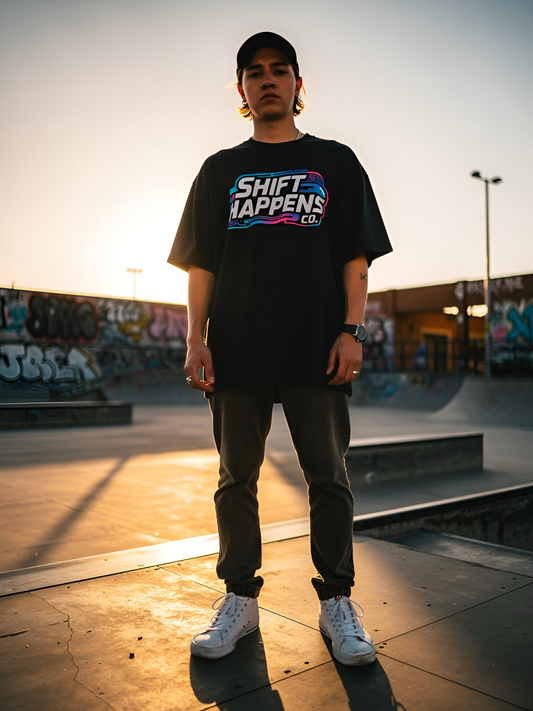Person wearing a black t-shirt with 'Shift Happens' graphic at a skate park.