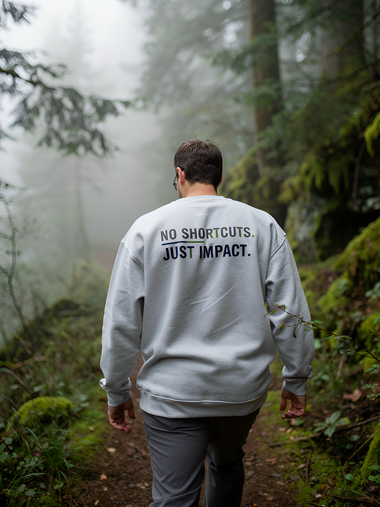 Person wearing a sweatshirt with 'No Shortcuts. Just Impact.' in a forest