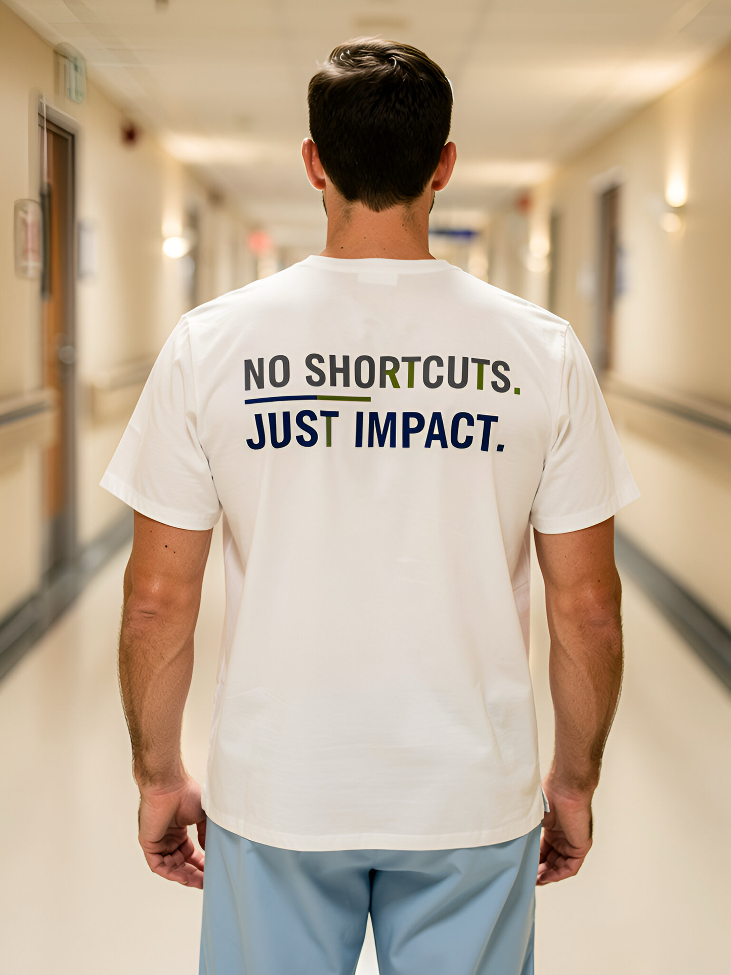 Person wearing a t-shirt with 'No Shortcuts. Just Impact.' text in a hospital hallway.