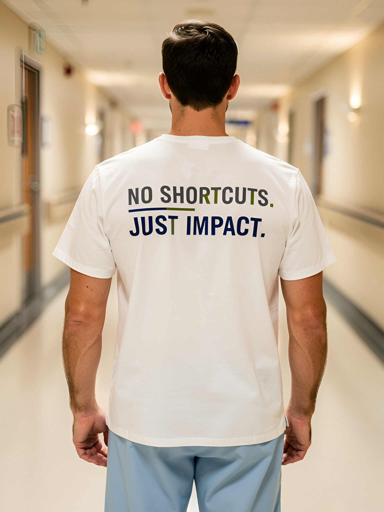 Person wearing a t-shirt with 'No Shortcuts. Just Impact.' text in a hospital hallway.