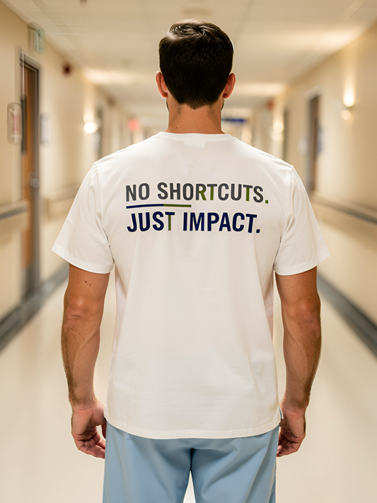 Person wearing a t-shirt with 'No Shortcuts. Just Impact.' text in a hospital hallway.