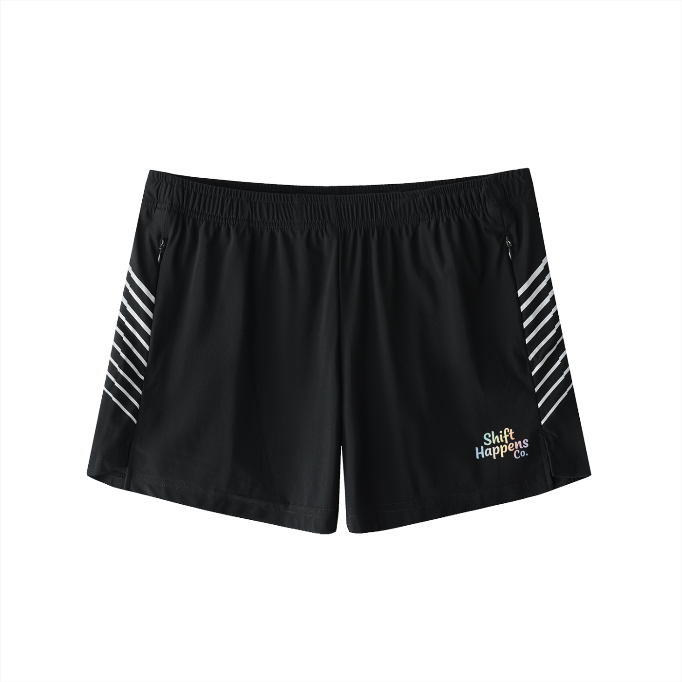 Black shorts with white stripes and text on a white background