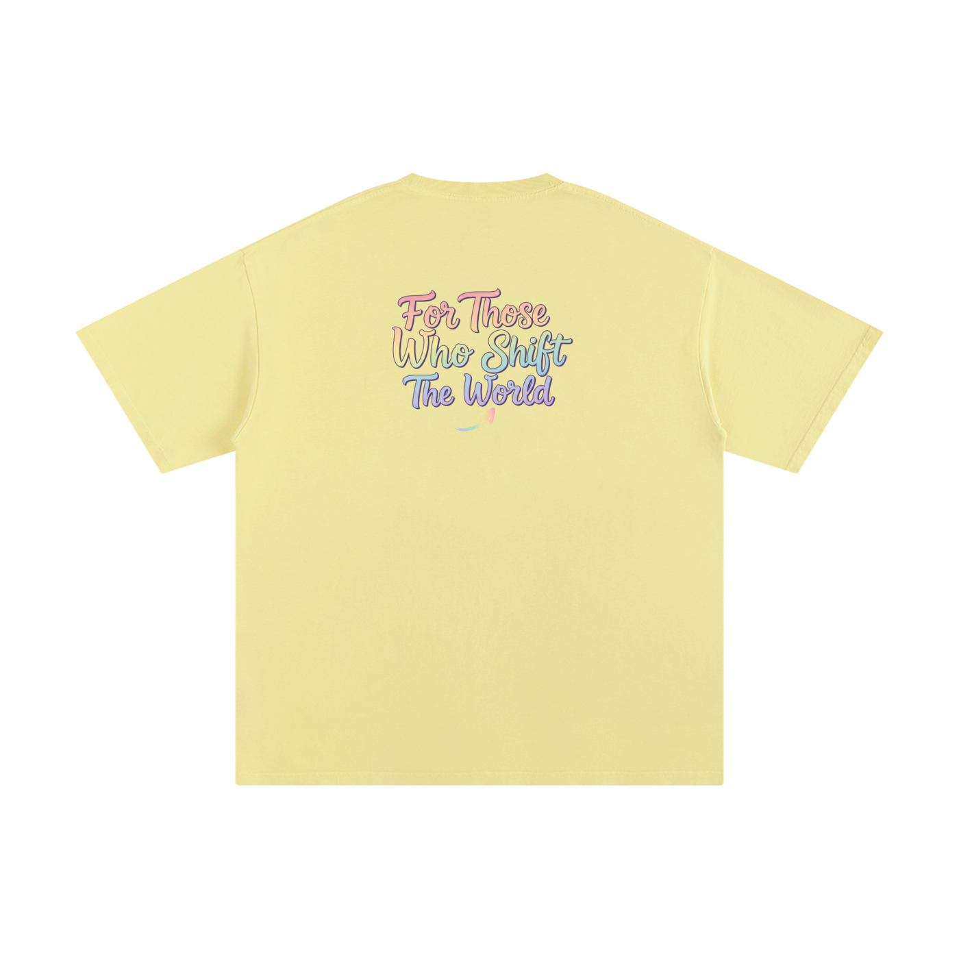 Yellow t-shirt with colorful text on a white background